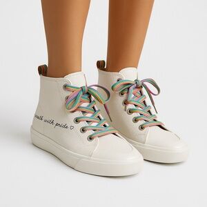 Dolce Vita White High-Top Sneakers Rainbow Laces Leather Casual Shoes SZ 7.5